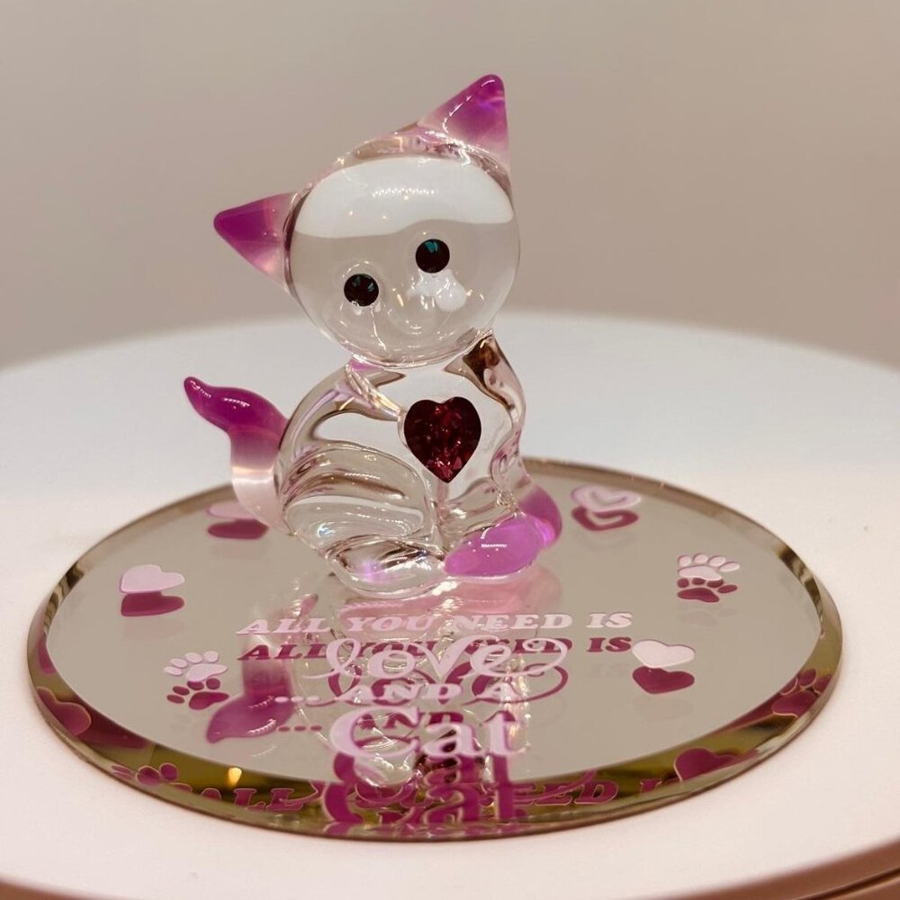 Glass Baron Pink Cat Figurine w/ Heart Crystal on Mirror Base